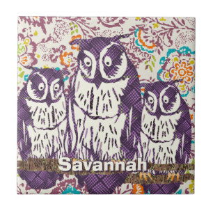 Carreau Famille de hibou géométrique stylisée violet
