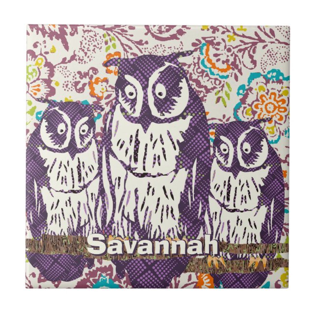Carreau Famille de hibou géométrique stylisée violet (Devant)