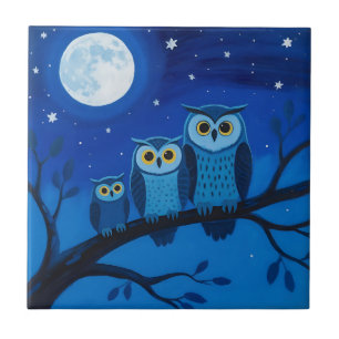 Carreau Famille de hiboux sous la lune
