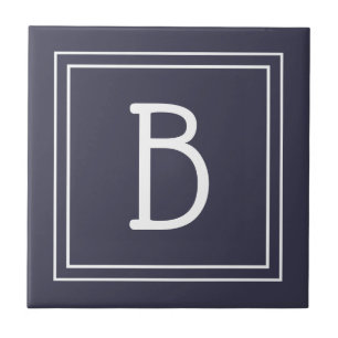 Carreau Famille Monogramme moderne Initiale Bleu & Blanc