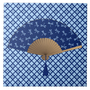 Carreau Fan japonaise, motif de libellule, bleu de cobalt