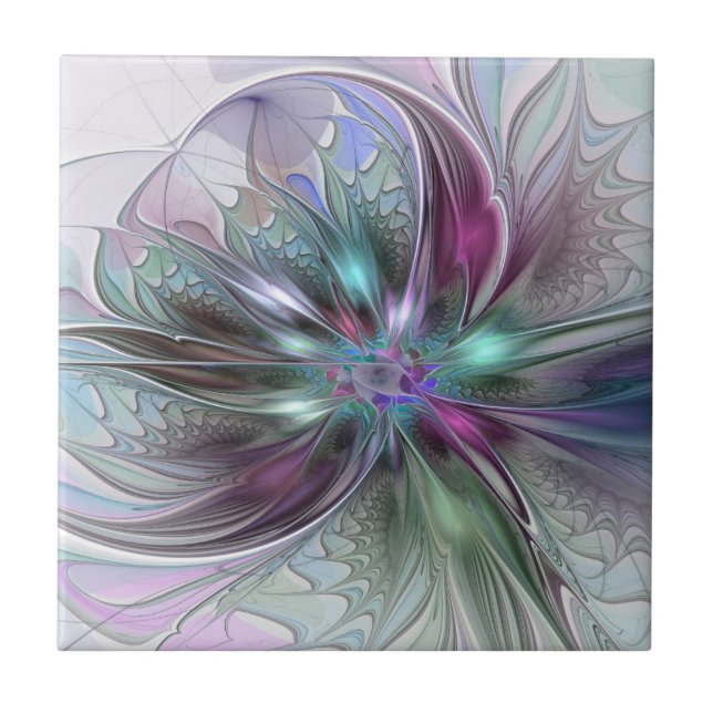 Carreau Fantaisie Abstraite Moderne Fleur Fractale Colorée (Devant)