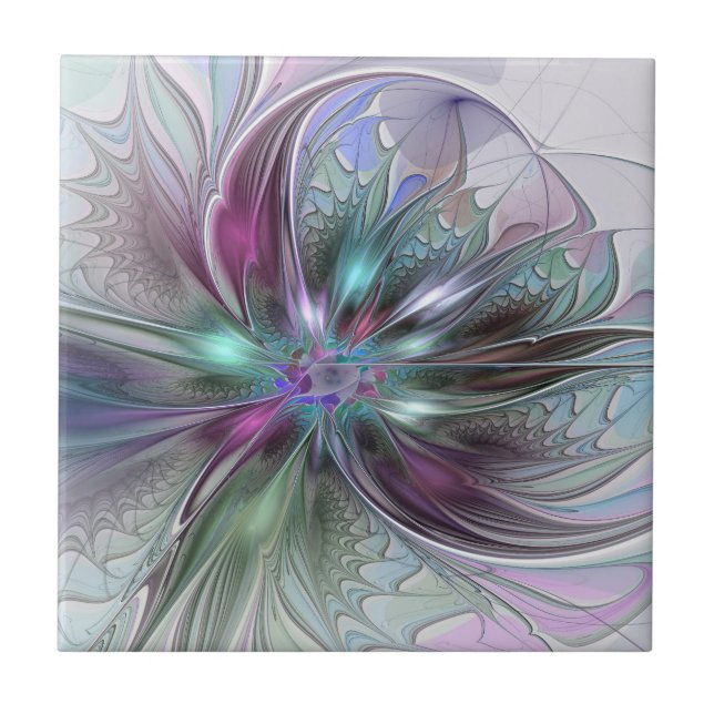 Carreau Fantaisie Abstraite Moderne Fleur Fractale Colorée (Devant)