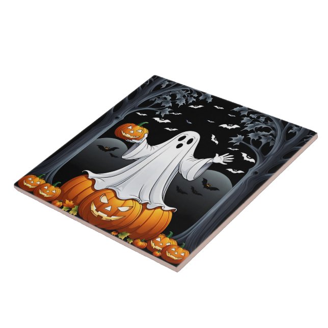 Carreau fantôme d'Halloween entouré de citrouilles et de c (Côté)