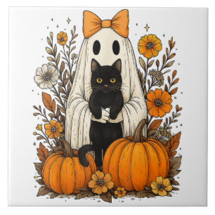 Carreau Fantôme d'Halloween tenant un chat noir