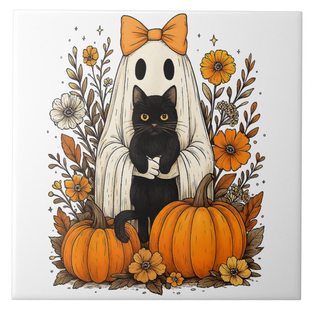 Carreau Fantôme d'Halloween tenant un chat noir (Devant)