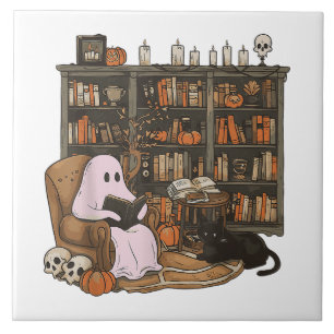 Carreau Fantôme lisant un livre amateur de chat Halloween 