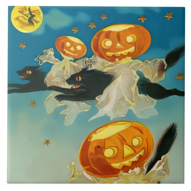 Carreau Fantômes Citrouilles vintages d'Halloween et chats (Devant)