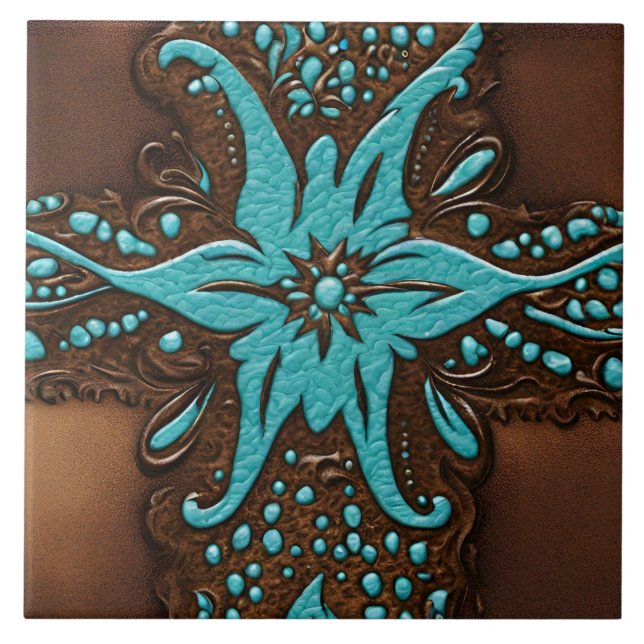 Carreau Farm Ranch Brown Turquoise Western Country Motif (Devant)