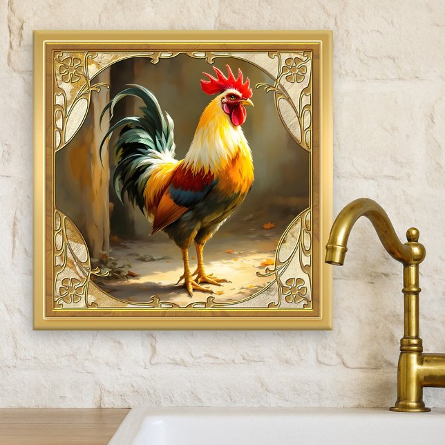 Carreau Farmhouse Rooster Gold Ceramic Tile (Tile featuring a painting of a rooster framed by a classic design in gold. Beautiful for a farmhouse)