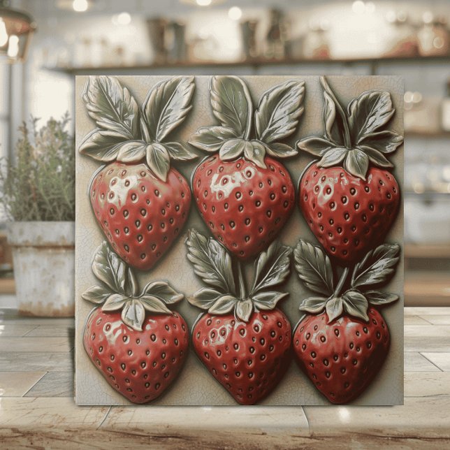 Carreau Faux 3D Fraises italiennes glacées (Strawberry ceramic tile with faux 3D effect for Italian and country kitchen decor cottaage core)