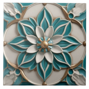 Carreau Faux Flower Relief en Turquoise Turquoise Blanc &