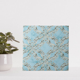 Carreau Faux Gold Damask Motif Sur Un Marbre Bleu Clair
