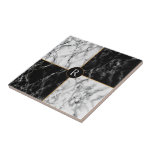 Carreau Faux Monogramme noir blanc chèque marbre<br><div class="desc">Marbre Chèque Noir & Blanc tendance - Ajouter Votre Lettre / Logo / Année / Numéro / Plus</div>