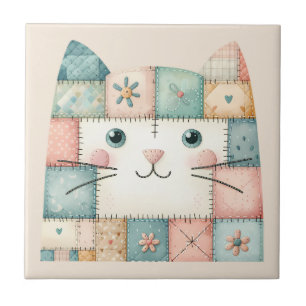 Carreau Faux Patchwork Pastel Cottage Kitty Visage