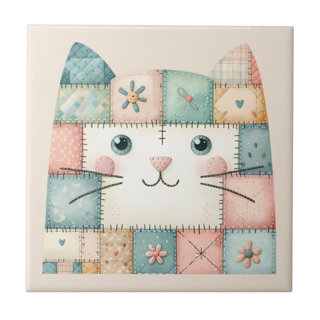Carreau Faux Patchwork Pastel Cottage Kitty Visage (Devant)