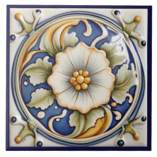 Carreau Faux Relief Fleur Art Déco Bleu Blanc Floral