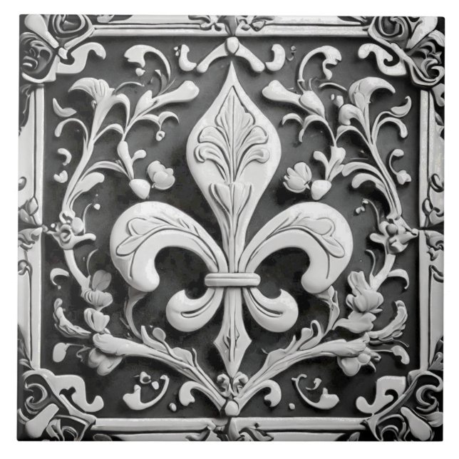 Carreau Faux Relief Fleur de Lis noir et blanc (Devant)