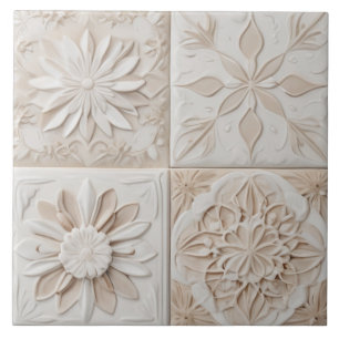 Carreau Faux Relief Pastel Beige & blanc Abstrait Floral