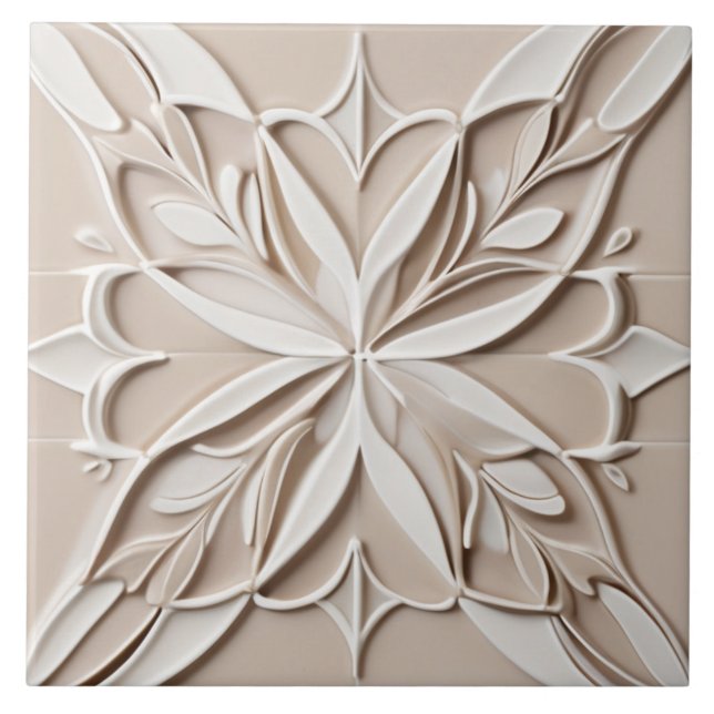 Carreau Faux Relief Pastel Beige & blanc Abstrait Floral (Devant)