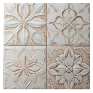 Carreau Faux Relief - Pastel Beige & Blanc Abstrait Floral