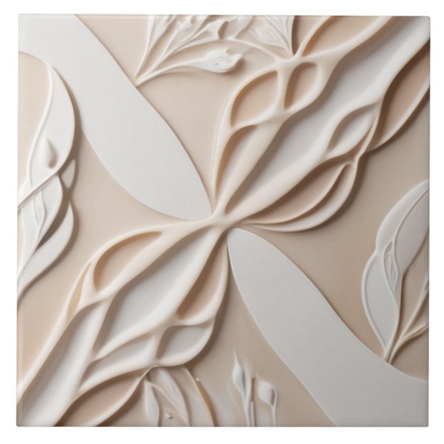 Carreau Faux Relief Pastel Beige & blanc Abstrait Floral (Devant)