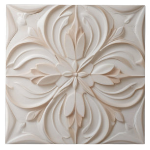 Carreau Faux Relief Pastel Beige & Blanc Fleur Décor
