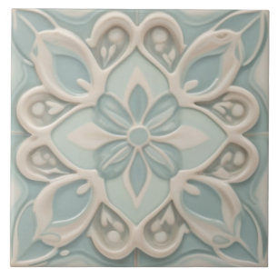 Carreau Faux Relief Pastel Mint Bleu & Blanc Floral