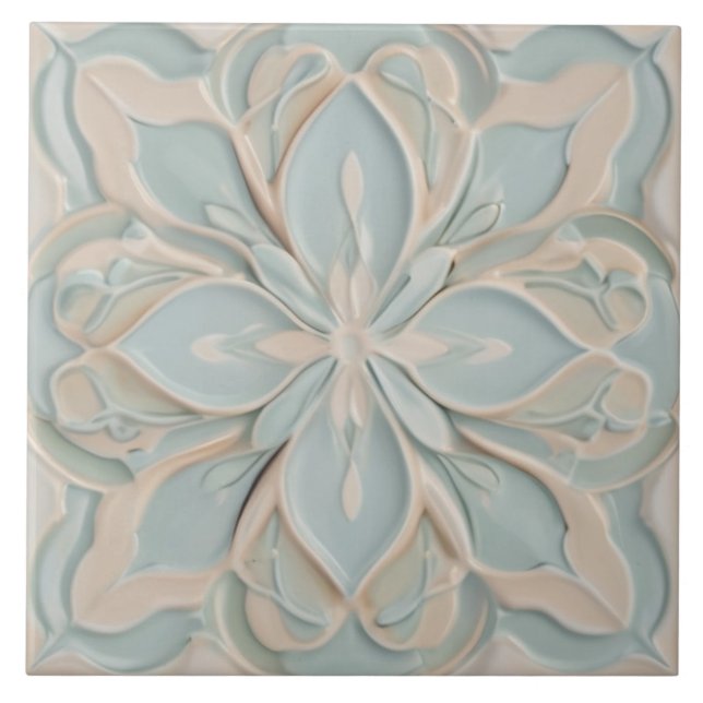 Carreau Faux Relief Pastel Mint Bleu & Blanc Floral (Devant)