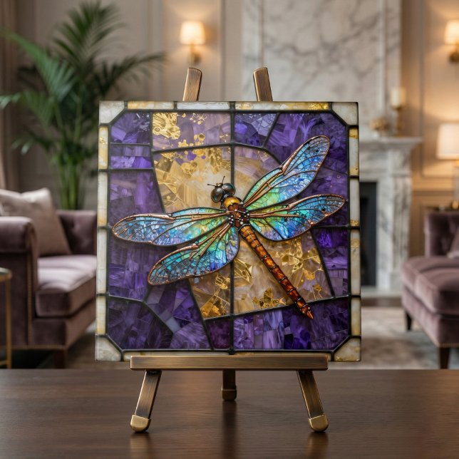 Carreau Faux Stained Glass Dragonfly Purple Gold Mosaic (Créateur téléchargé)
