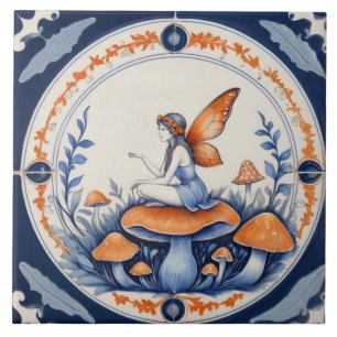 Carreau Fée assise sur un champignon bleu et orange