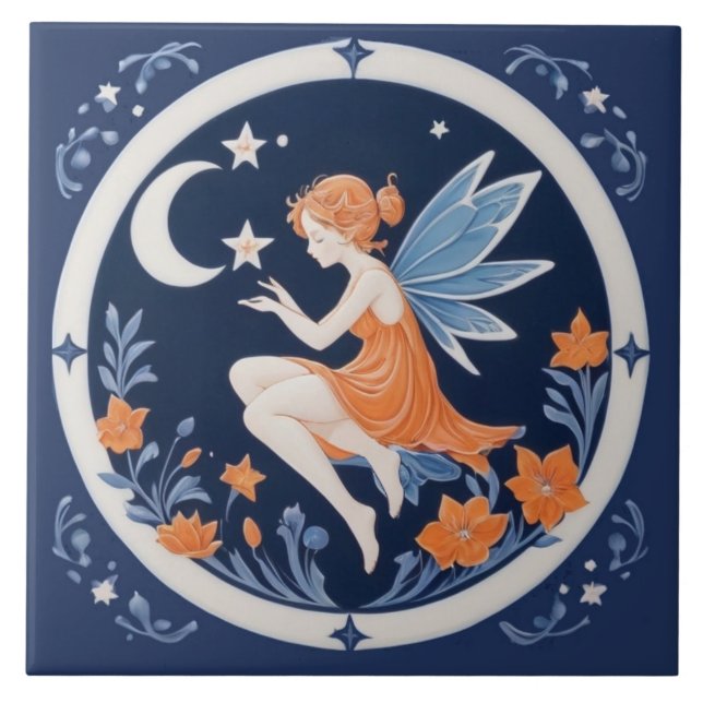 Carreau Fée avec lune et étoiles Nuit bleue et orange (Devant)