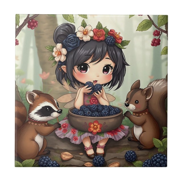 Carreau Fée Chibi mangeant des mûres avec son ami de la fo (Devant)