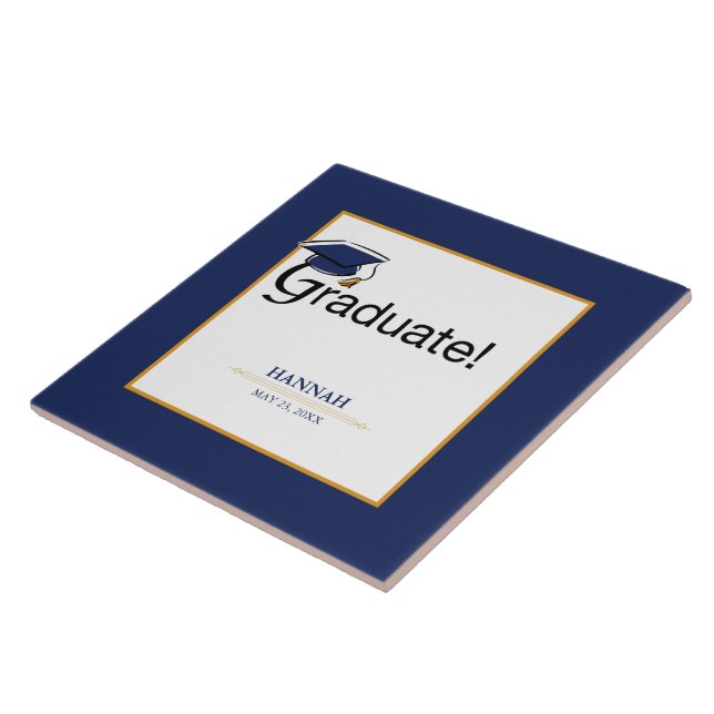 Carreau Félicitations Diplômé, Casquette, Tassel, Bleu, Or (Côté)