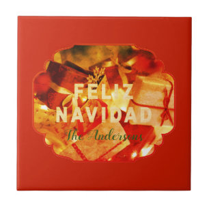 Carreau Feliz Navidad Red Gold Green Nom de famille Élégan
