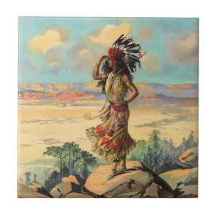 Carreau Femme amérindienne vintage avec coiffe de plumes A
