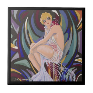 Carreau Femme Art Déco Vintage avec Draperies par S. Chomp