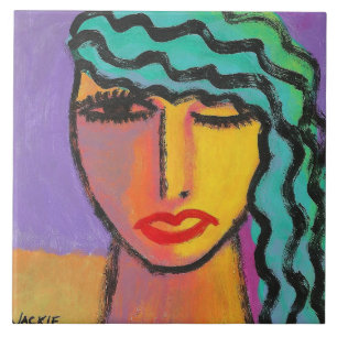 Carreau Femme avec cheveux turquoise Portrait Abstrait