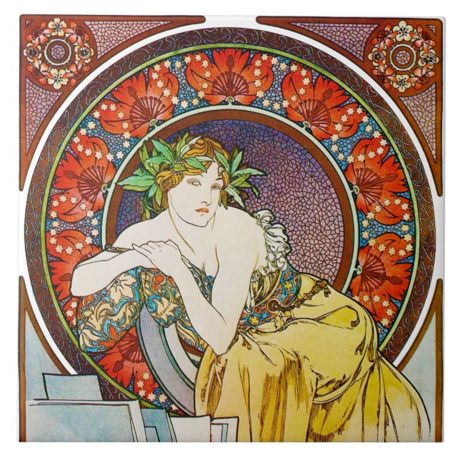Carreau Femme avec du pavot, Mucha (Devant)