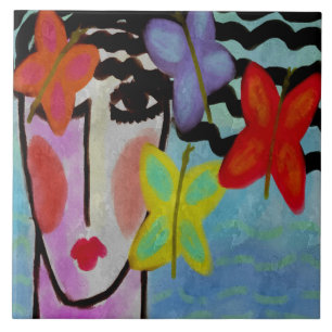 Carreau Femme avec papillons Peinture numérique abstraite
