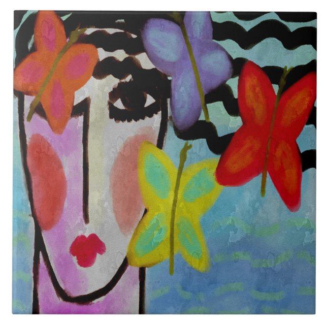 Carreau Femme avec papillons Peinture numérique abstraite (Devant)