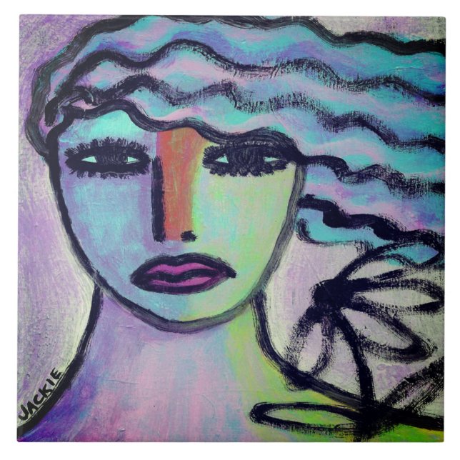 Carreau Femme avec portrait Abstrait de fleurs (Devant)