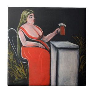 Carreau Femme courbée avec une tasse de bière