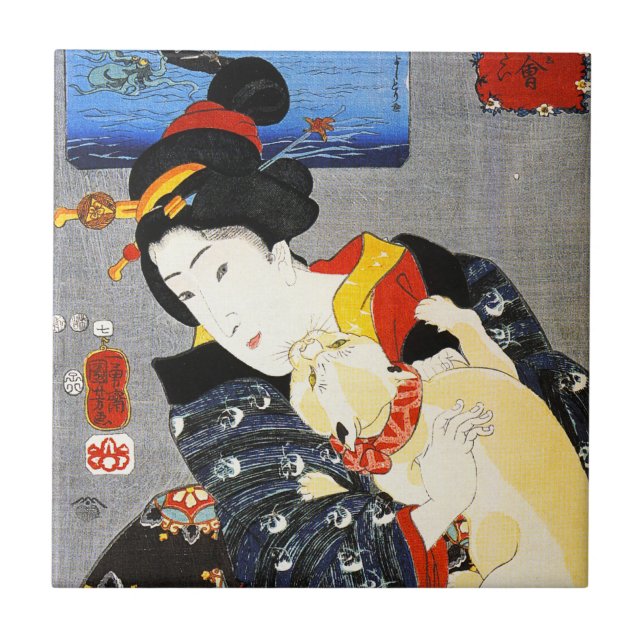 Carreau Femme de Kuniyoshi avec une tuile de chat (Devant)