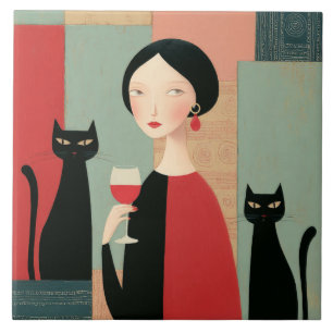 Carreau Femme Élégante Chats Noirs et Vin