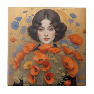 Carreau Femme élégante tenant un bouquet de fleurs de pavo