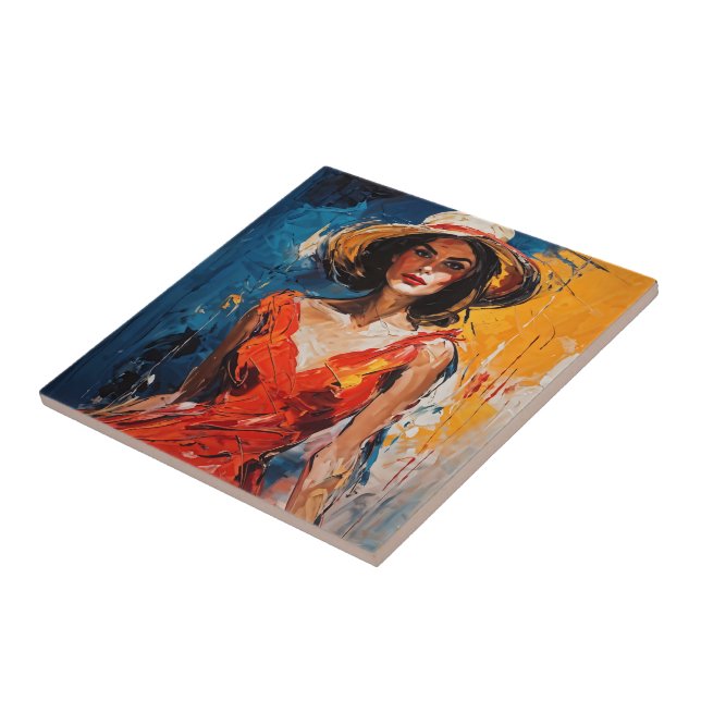 Carreau Femme en Robe de Cocktail Rouge (Côté)