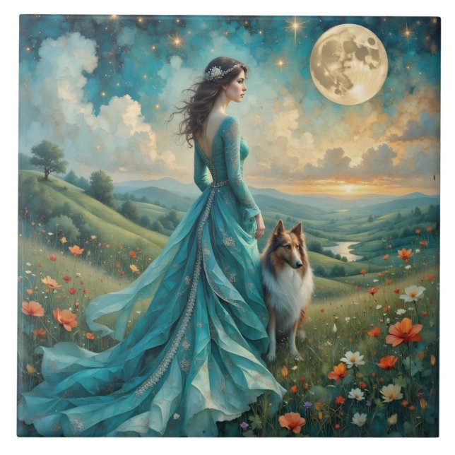 Carreau Femme en Robe Turquoise et Sable Rough Collie (Devant)