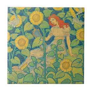 Carreau Femme-fille de fleurs dans le jardin de tournesol