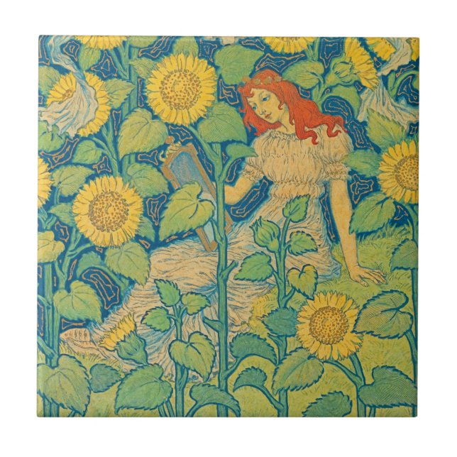 Carreau Femme-fille de fleurs dans le jardin de tournesol (Devant)